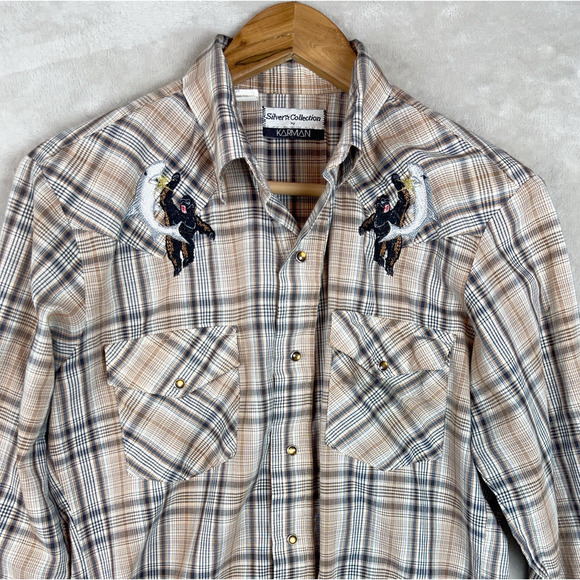 Vtg Karmen Silver Collection Western Shirt Pearl Snap USA Made 15.5/S Americana